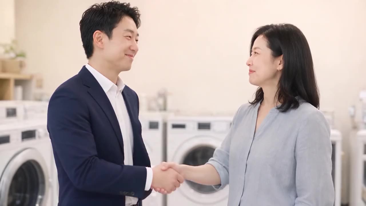 본사 담당자와 셀프빨래방 사장님이 매장에서 악수하는 모습