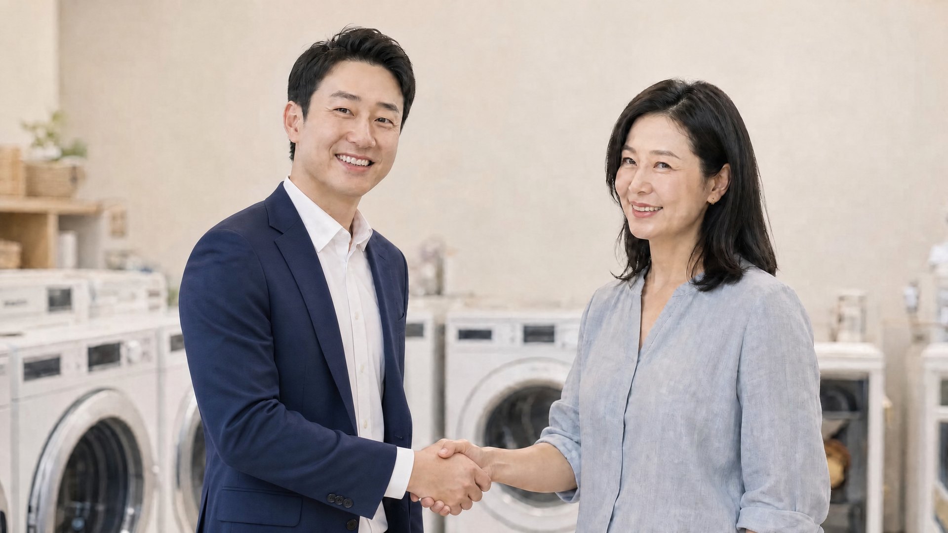본사 담당자와 셀프빨래방 사장님이 매장에서 악수하는 모습
